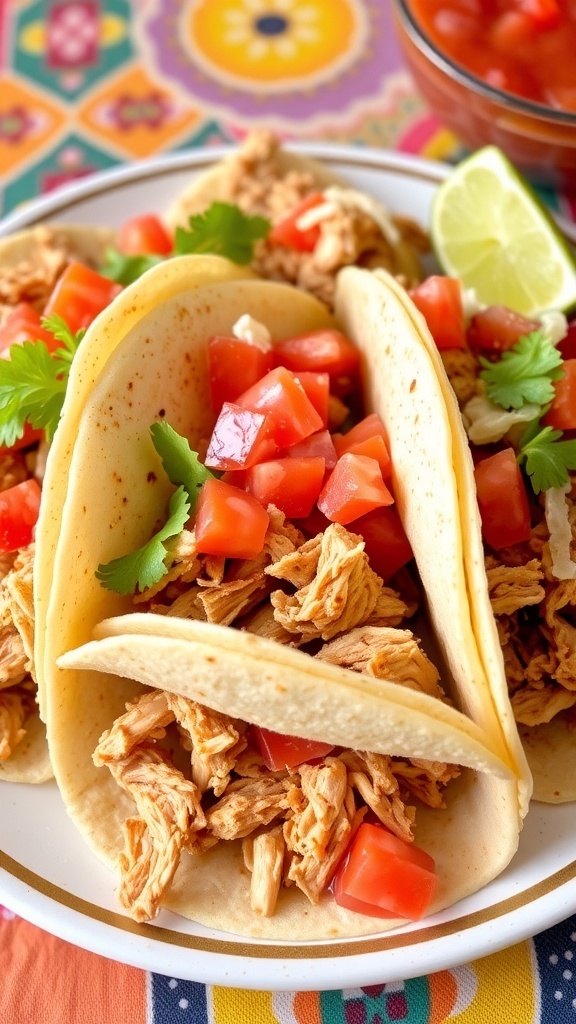 Delicious chicken tacos filled with shredded chicken, lettuce, tomatoes, and cheese on a vibrant plate.